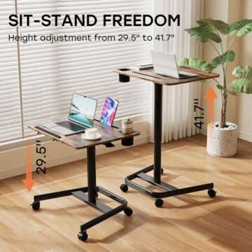 JOY worker Mobile Standing Desk, Height Adjustable Table, 60° Tiltable Rolling Laptop Desk, Portable Sit Stand Desk with Wheels Cup Holder for Bed Couch Hospital, Holds Up to 22lbs, Rustic