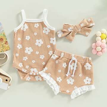 Youweixiong Newborn Baby Girl Outfits Flower Print Knit Sleeveless Halter Romper Ruffle Bloomer Shorts Headband Cute Summer Clothes 3pcs