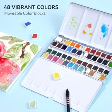 MeiLiang Travel Watercolor Paint Set, Watercolor Set Includes 48 Colors Solid Watercolors + 7.5x7.5 inch 100% Cotton Watercolor Paper(20 Sheets) + 1 Watercolor Brush + Green Double Layer Organizer