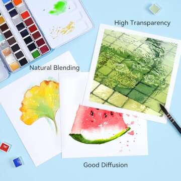 MeiLiang Travel Watercolor Paint Set, Watercolor Set Includes 48 Colors Solid Watercolors + 7.5x7.5 inch 100% Cotton Watercolor Paper(20 Sheets) + 1 Watercolor Brush + Green Double Layer Organizer