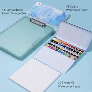 MeiLiang Travel Watercolor Paint Set, Watercolor Set Includes 48 Colors Solid Watercolors + 7.5x7.5 inch 100% Cotton Watercolor Paper(20 Sheets) + 1 Watercolor Brush + Green Double Layer Organizer