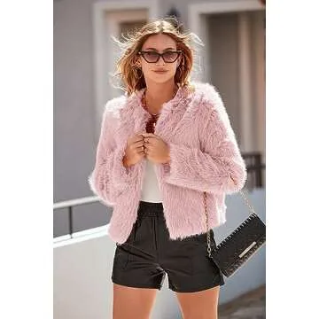 PRETTYGARDEN Women's 2025 Winter Coats Fleece Cropped Jacket Faux Fur Long Sleeve Pockets Shaggy Warm Outerwear Fall Clothes (Pink,Medium)