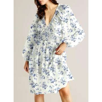 Dokotoo Resort Wear for Women 2025 Spring Summer Dresses Long Sleeve V Neck Smocked High Waist Babydoll Tunic Dress Casual Cute Weeding Guest A Line Swing Beach Short Sun Dress Sundress White Small