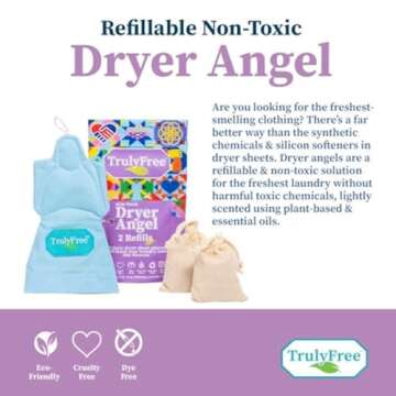 Truly Free Dryer Angel: Refillable Non-Toxic Dryer Sheet Alternative, Fabric Softener and Scent Booster - Includes: 1 Dryer Angel Cover with 2 Refills