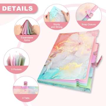 Ddaowanx Expanding File Folder, Letter A4 Size Accordion Plastic File Organizer, 5 Pocket Folders for Documents, Aesthetic Folder with Labels, Paper Organizer for School Office (Purple Marble)