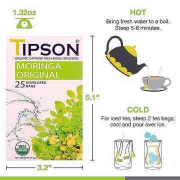 Tipson Organic Herbal Infusions - Moringa Original - Non GMO, Caffeine Free & Gluten Free - 25 Premium Tea Bags (Pack of 1)