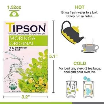 Tipson Organic Herbal Infusions - Moringa Original - Non GMO, Caffeine Free & Gluten Free - 25 Premium Tea Bags (Pack of 1)