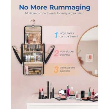 BAGSMART Makeup Bag for Women with Hanging Hook - Portable Cosmetic Case, Large Capacity Door Room E...