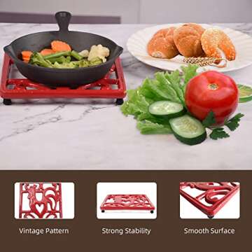 MINLUFUL Vintage Square Cast Iron Trivet - Metal Trivet for Hot Dishes, Heat Resistant Trivet Mat for Kitchen Countertop Hot Pots and Pans, Red