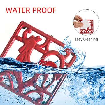 MINLUFUL Vintage Square Cast Iron Trivet - Metal Trivet for Hot Dishes, Heat Resistant Trivet Mat for Kitchen Countertop Hot Pots and Pans, Red