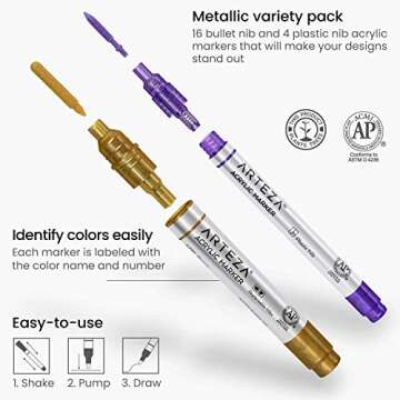 Arteza Metallic Acrylic Paint Markers, Set of 20, Paint Pens with Bullet and Wide Nib, Art & Craft Supplies for Glass, Pottery, Ceramic, Plastic, Rock, and Canvas Painting