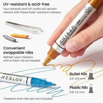 Arteza Metallic Acrylic Paint Markers, Set of 20, Paint Pens with Bullet and Wide Nib, Art & Craft Supplies for Glass, Pottery, Ceramic, Plastic, Rock, and Canvas Painting