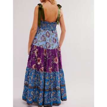 ABYOVRT Women Floral Maxi Dress Sleeveless Tie Shoulder Bohemian Flowy Smocked Dresses Casual Summer Sundress with Pockets(Blue,S)