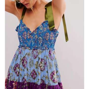 ABYOVRT Women Floral Maxi Dress Sleeveless Tie Shoulder Bohemian Flowy Smocked Dresses Casual Summer Sundress with Pockets(Blue,S)