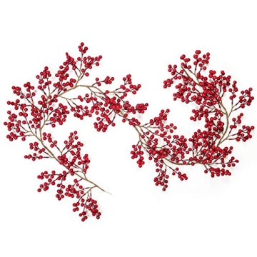 DearHouse 6FT Red Berry Garland, Flexible Artificial Red and Burgundy Berry Garland for Indoor Outdo...