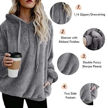 Century Star Womens Fuzzy Hoodies Pullover Sport Hoodie Cozy Oversized Pockets Hooded Sweatshirt Athletic Fleece Hoodies Grey Medium