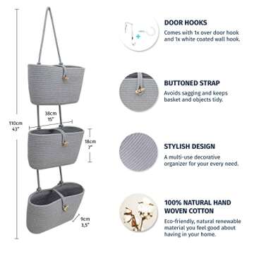 OrganiHaus Gray Hanging Baskets for Organizing, 3-Tier Hanging Wall Basket for Nursery Storage, Over...