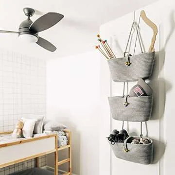OrganiHaus Gray Hanging Baskets for Organizing, 3-Tier Hanging Wall Basket for Nursery Storage, Over the Door Basket for Boho Baby Decor, Behind the Door Storage Basket, Wall Storage Organizer