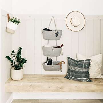 OrganiHaus Gray Hanging Baskets for Organizing, 3-Tier Hanging Wall Basket for Nursery Storage, Over the Door Basket for Boho Baby Decor, Behind the Door Storage Basket, Wall Storage Organizer