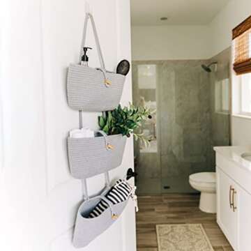 OrganiHaus Gray Hanging Baskets for Organizing, 3-Tier Hanging Wall Basket for Nursery Storage, Over the Door Basket for Boho Baby Decor, Behind the Door Storage Basket, Wall Storage Organizer
