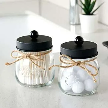 SheeChung 2 Pack Qtip Holder for Bathroom - Bathroom Jars, Cotton Swab Holders, Bathroom Containers Set, Black Bathroom Accessories for Cotton Balls, Floss Pick, Cotton Round Pads - Black