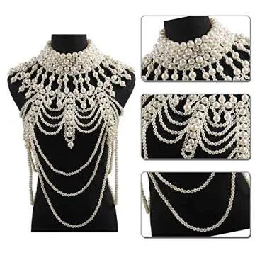 Women Faux Pearl Beaded Body Chain Shawl Necklace