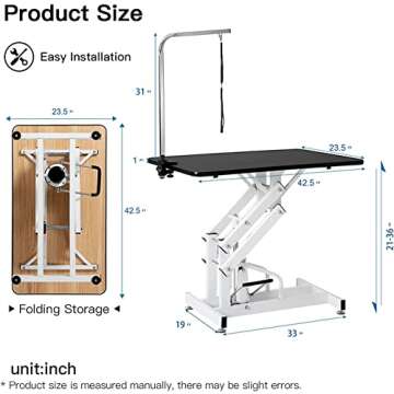 petgroomingtable 42.5 Inch Hydraulic Pet Dog Grooming Table Drying Table Heavy Duty Stainless Steel Frame with Adjustable Arm and Noose 330 lbs Capacity Height Range 21-36 Inch