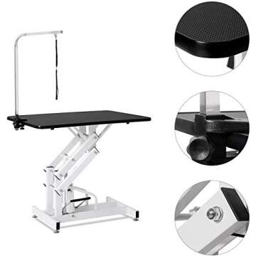 petgroomingtable 42.5 Inch Hydraulic Pet Dog Grooming Table Drying Table Heavy Duty Stainless Steel Frame with Adjustable Arm and Noose 330 lbs Capacity Height Range 21-36 Inch