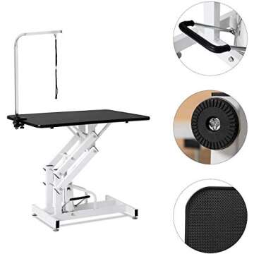 petgroomingtable 42.5 Inch Hydraulic Pet Dog Grooming Table Drying Table Heavy Duty Stainless Steel Frame with Adjustable Arm and Noose 330 lbs Capacity Height Range 21-36 Inch