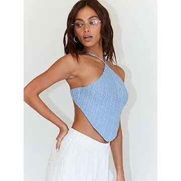 Halter Neck Crop Cami Top Knitted Printed Tank Tops Tee Y2k Sleeveless Strappy Summer Shirts Streetwear(V Ribbed Blue,S)