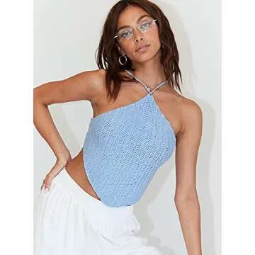 Halter Neck Crop Cami Top Knitted Printed Tank Tops Tee Y2k Sleeveless Strappy Summer Shirts Streetwear(V Ribbed Blue,S)