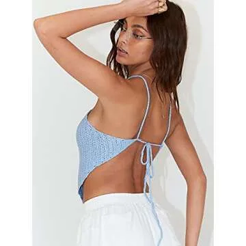Halter Neck Crop Cami Top Knitted Printed Tank Tops Tee Y2k Sleeveless Strappy Summer Shirts Streetwear(V Ribbed Blue,S)