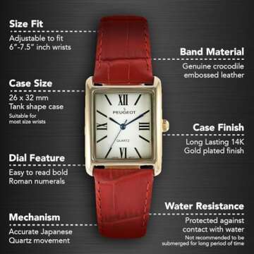 Peugeot Women's 14K Gold Plated Tank Leather Dress Watch - Stylish Red for All Occasions