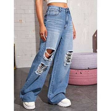 SweatyRocks Women's Casual Loose Ripped Denim Pants Distressed Wide Leg Jeans Blue Medium
