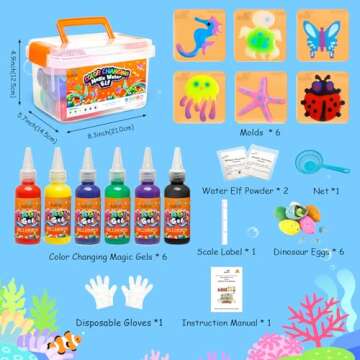 Kiditos Color Changing Magic Water Elf Toy Kit, Magic Aqua Fairy Water Gel Kit with 6 Color Changing Gels, 6 Molds and 6 Dinosaur Eggs. Christmas Gifts, Birthday Gifts, Party Favors, DIY STEM Kits
