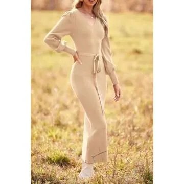 PRETTYGARDEN Women's Fall Knit Pullover Sweater Dress Elegant Long Lantern Sleeve V Neck Winter Maxi Bodycon Dresses