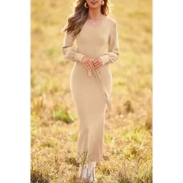 PRETTYGARDEN Women's Fall Knit Pullover Sweater Dress Elegant Long Lantern Sleeve V Neck Winter Maxi Bodycon Dresses
