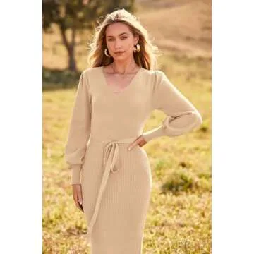 PRETTYGARDEN Women's Fall Knit Pullover Sweater Dress Elegant Long Lantern Sleeve V Neck Winter Maxi Bodycon Dresses