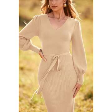 PRETTYGARDEN Women's Fall Knit Pullover Sweater Dress Elegant Long Lantern Sleeve V Neck Winter Maxi Bodycon Dresses