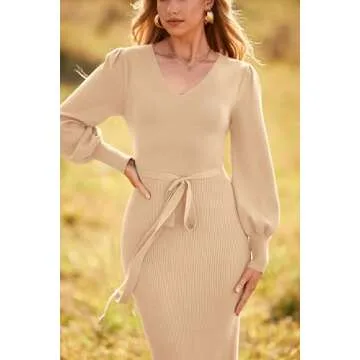 PRETTYGARDEN Women's Fall Knit Pullover Sweater Dress Elegant Long Lantern Sleeve V Neck Winter Maxi Bodycon Dresses