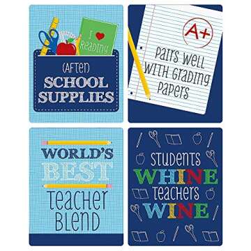 Big Dot of Happiness Funny Colorful - Teacher Appreciation First and Last Day of School Gift Decorations for Women and Men - Christmas Wine Bottle Label Stickers - Set of 4