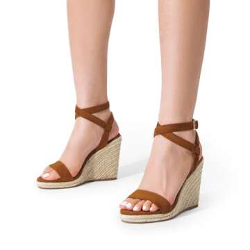 DREAM PAIRS Womens Open Toe Espadrilles Dressy Platform Sandals Buckle Ankle Strap Stylish Wedges Sandals,Size 7,TAN/Suede,SDPW2211W