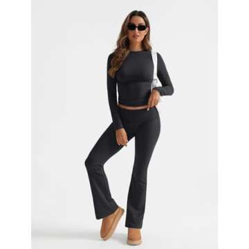 Trendy Queen Lounge Sets For Women 2 Piece Outfits Long Sleeve Shirts and Fold Over Yoga Pants Two P...