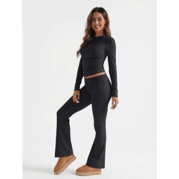 Trendy Queen Lounge Sets For Women 2 Piece Outfits Long Sleeve Shirts and Fold Over Yoga Pants Two Piece Workout Sets Black S