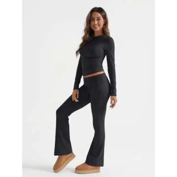 Trendy Queen Lounge Sets For Women 2 Piece Outfits Long Sleeve Shirts and Fold Over Yoga Pants Two Piece Workout Sets Black S