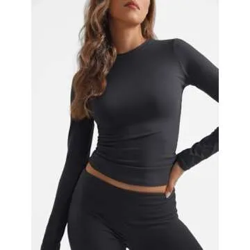 Trendy Queen Lounge Sets For Women 2 Piece Outfits Long Sleeve Shirts and Fold Over Yoga Pants Two Piece Workout Sets Black S