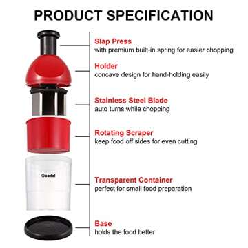 Geedel Food Chopper, Easy to Clean Manual Hand Vegetable Chopper Dicer, Dishwasher Safe Slap Onion Chopper for Veggies Onions Garlic Nuts Salads Red