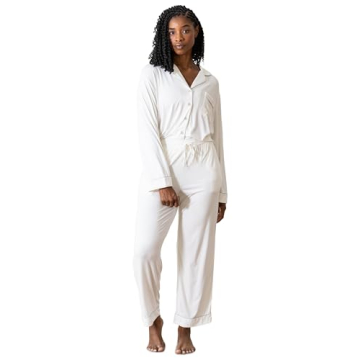 Cozy Earth 100% Viscose From Bamboo Long Sleeve Pajama Set For Women - Button-Up Sleepwear Ivory