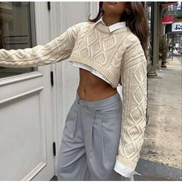 Women Y2K Knitted Crop Tops Color Block Patchwork Sweaters Long Sleeve Crochet Coverup Trendy Autumn Streetwear