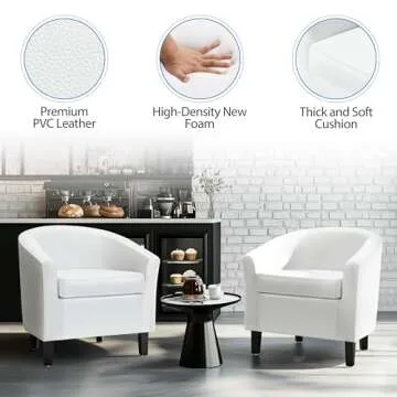 Yaheetech White Leather Chair, Faux Leather Accent Chair, Modern Barrel Chair Comfy Club Chair with Soft Padded and Solid Legs for Living Room Bedroom Reception Room, White